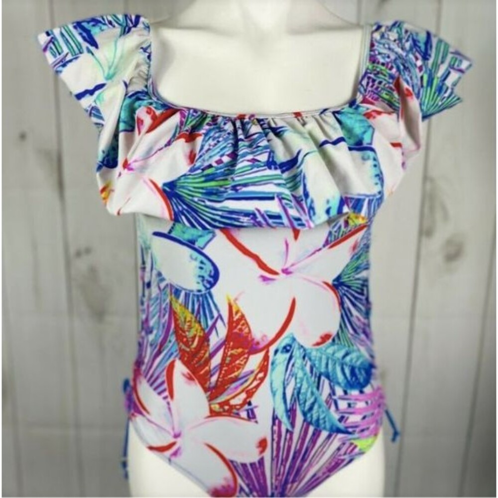 TiniBikini Tropical Palm One Piece Swimsuit-Small-Ruffle Neck-Lace Up Sides-NEW